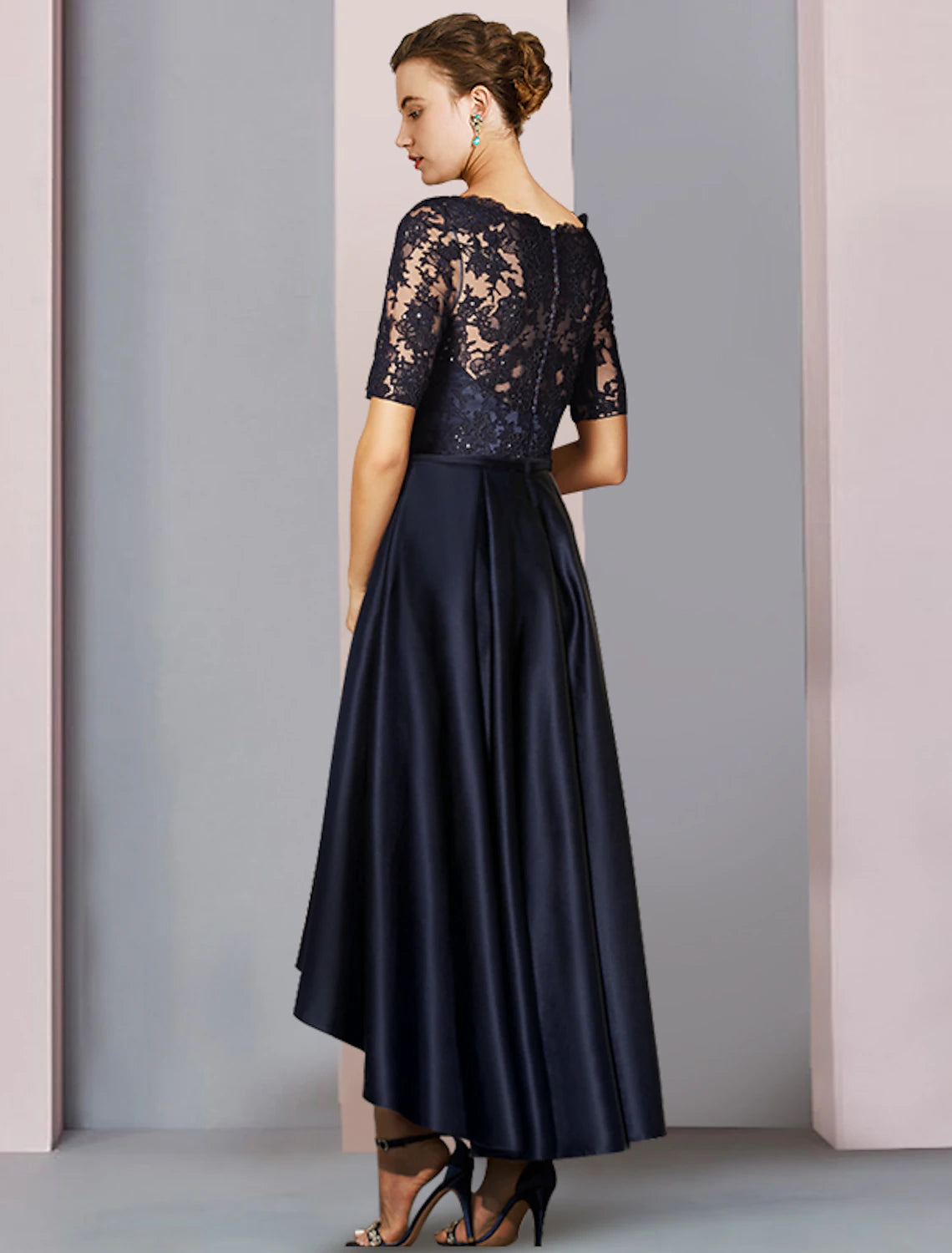 Elegant A-Line Scoop Neck Short Sleeve High-Low Satin Lace Mother of the Bride Dress.