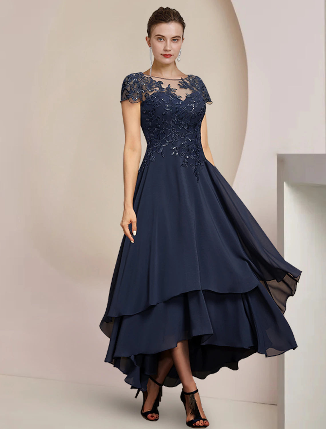 Elegant A-Line Scoop Neck Short Sleeve Sequin Lace Tea Length Dress.