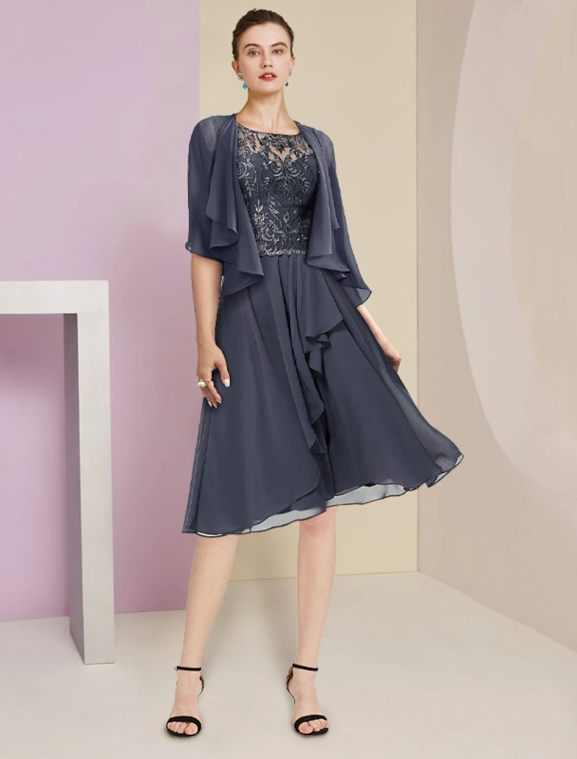 Elegant A-Line Scoop Neck Short Sleeve Two-Piece Lace Mother of the Bride Dress.