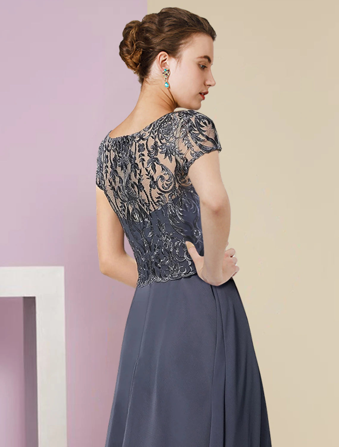 Elegant A-Line Scoop Neck Short Sleeve Two-Piece Lace Mother of the Bride Dress.