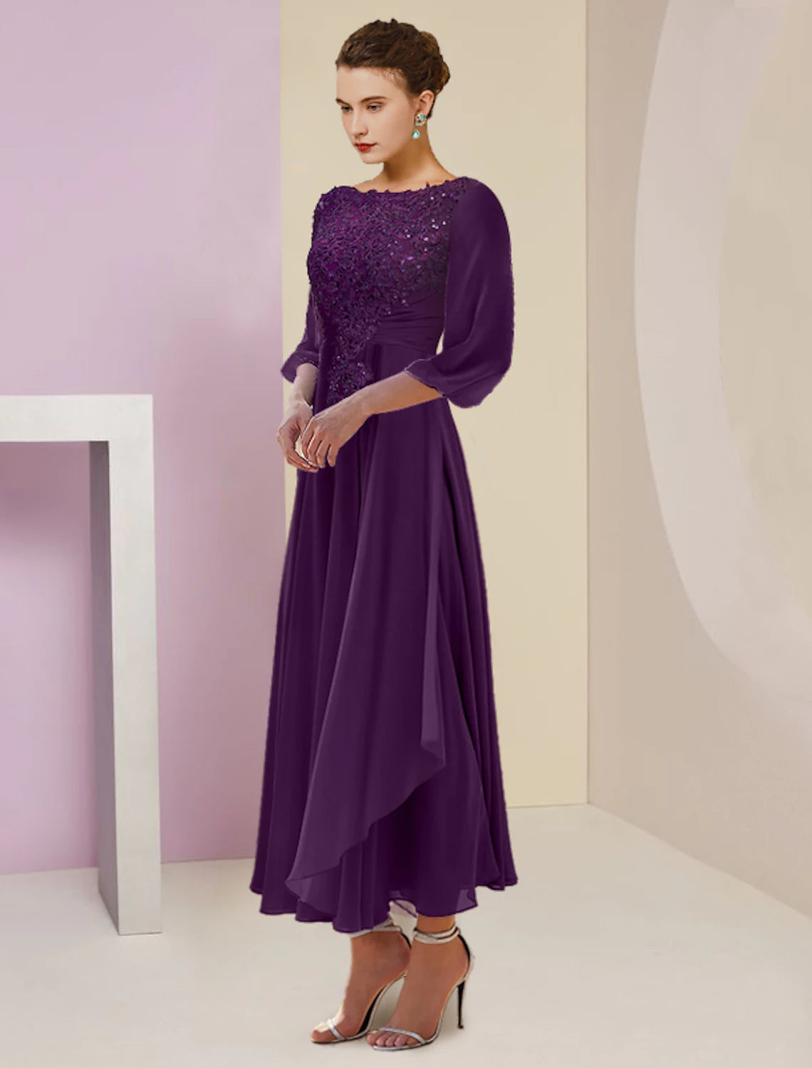 Elegant A-Line Scoop Neck Tea Length Mother of the Bride Dress with 3/4 Sleeves.