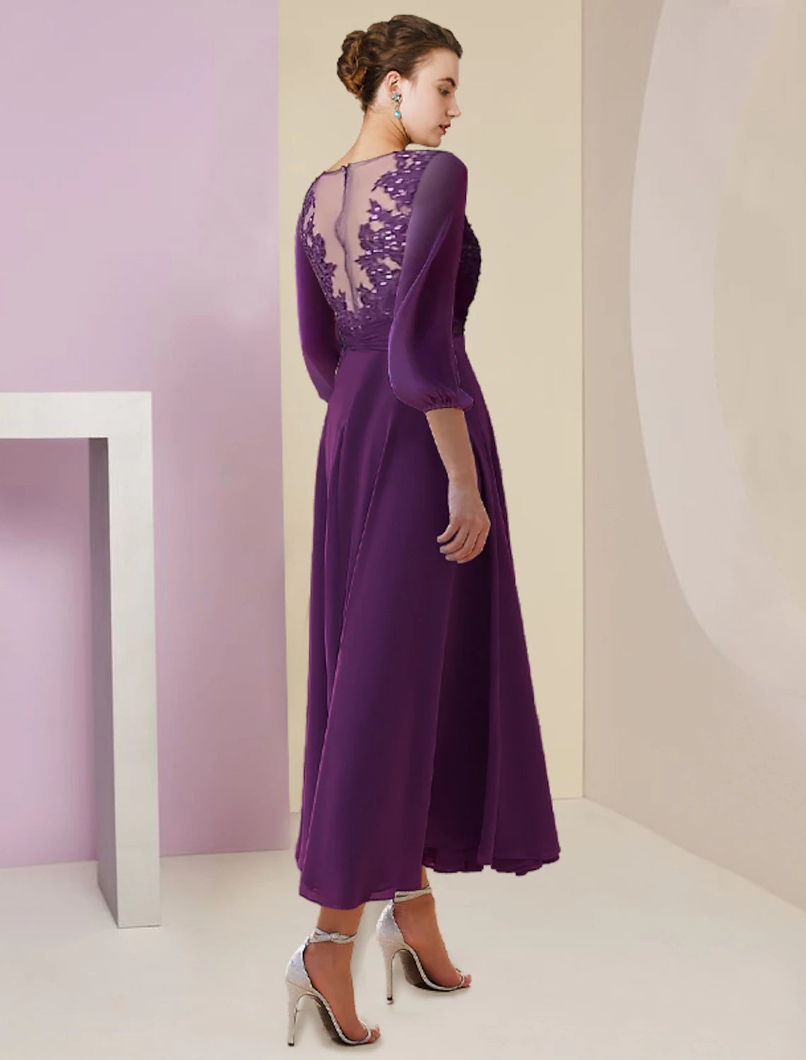 Elegant A-Line Scoop Neck Tea Length Mother of the Bride Dress with 3/4 Sleeves.