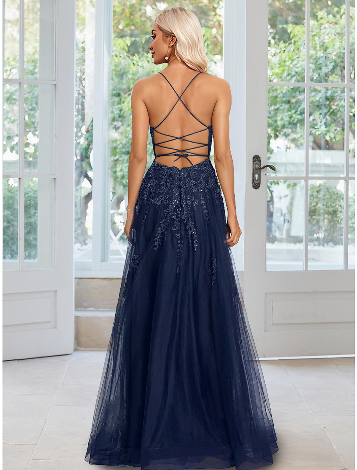 Elegant A-Line Sheath Floral Sequin Tulle Floor Length Evening Gown.