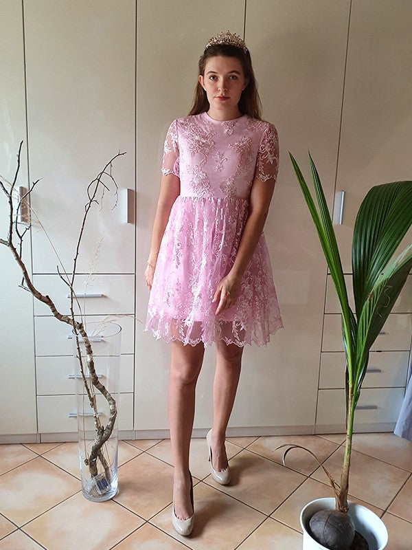 Elegant A-Line Sheer Neck Short Sleeve Applique Mini Homecoming Dress.