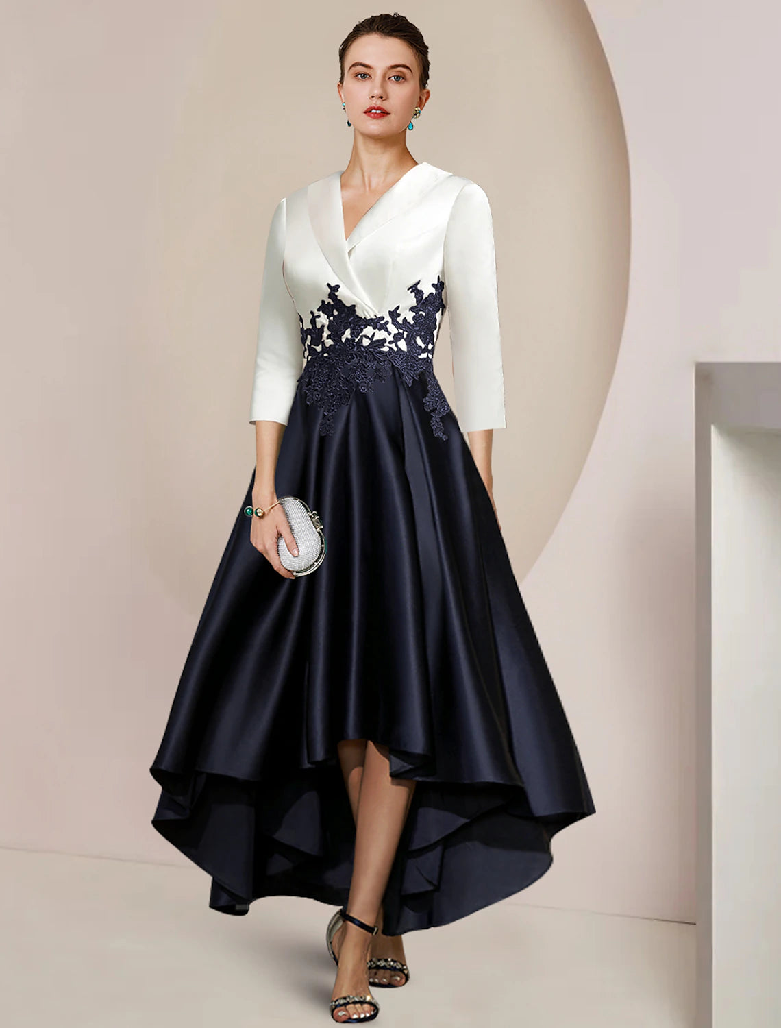 Elegant A-Line Shirt Collar High-Low Tea Length Mother of the Bride Dress.