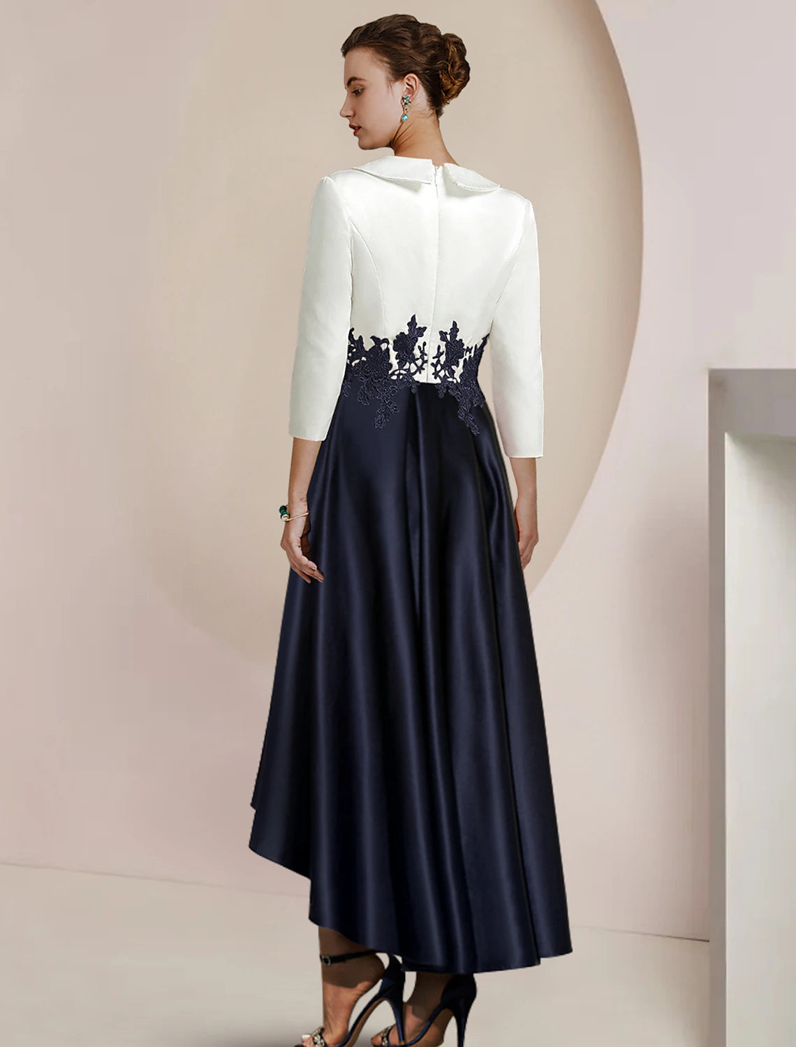 Elegant A-Line Shirt Collar High-Low Tea Length Mother of the Bride Dress.