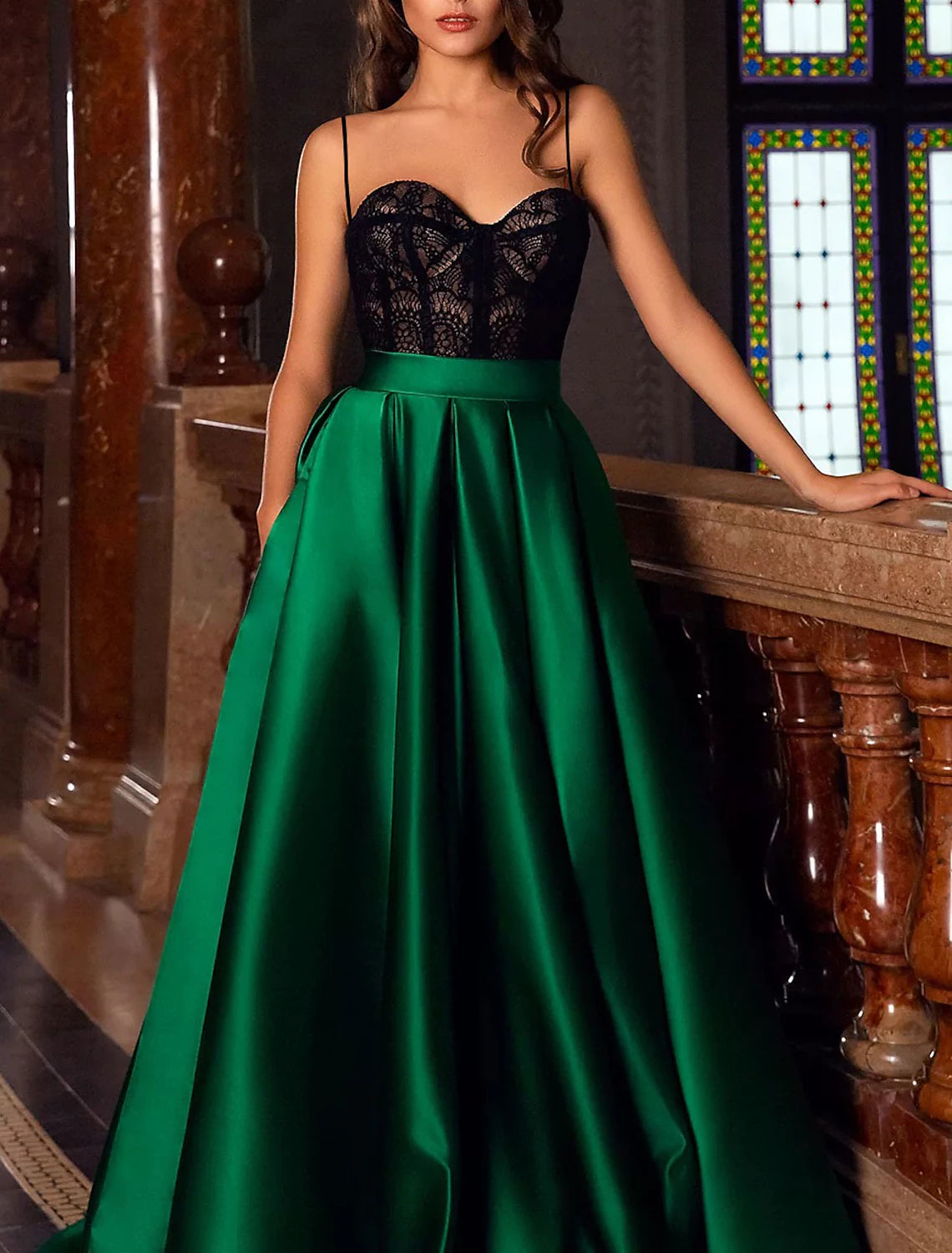Elegant A-Line Spaghetti Strap Appliqued Navy Floor-Length Evening Gown.