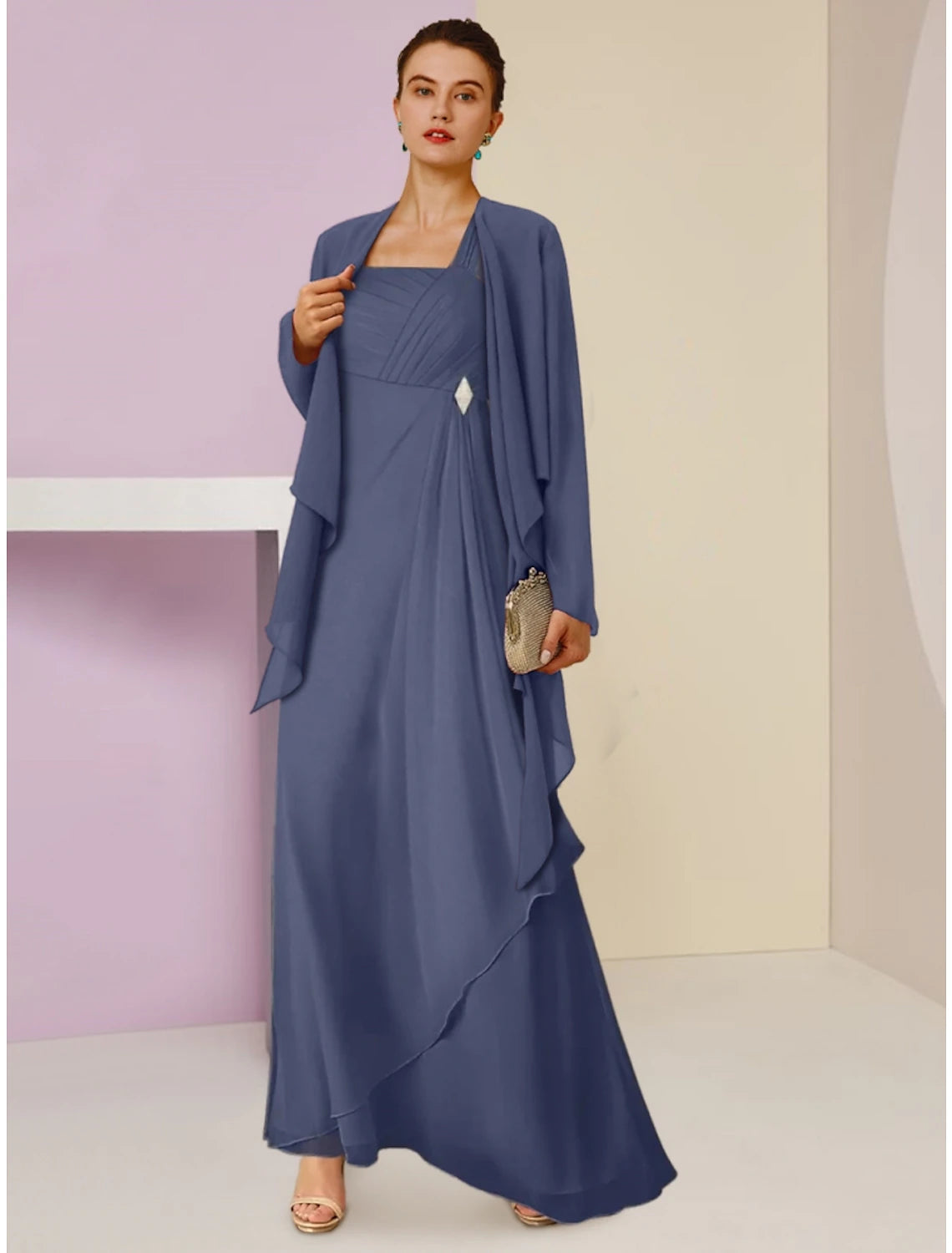 Elegant A-Line chiffon dress with square neck and long sleeves.