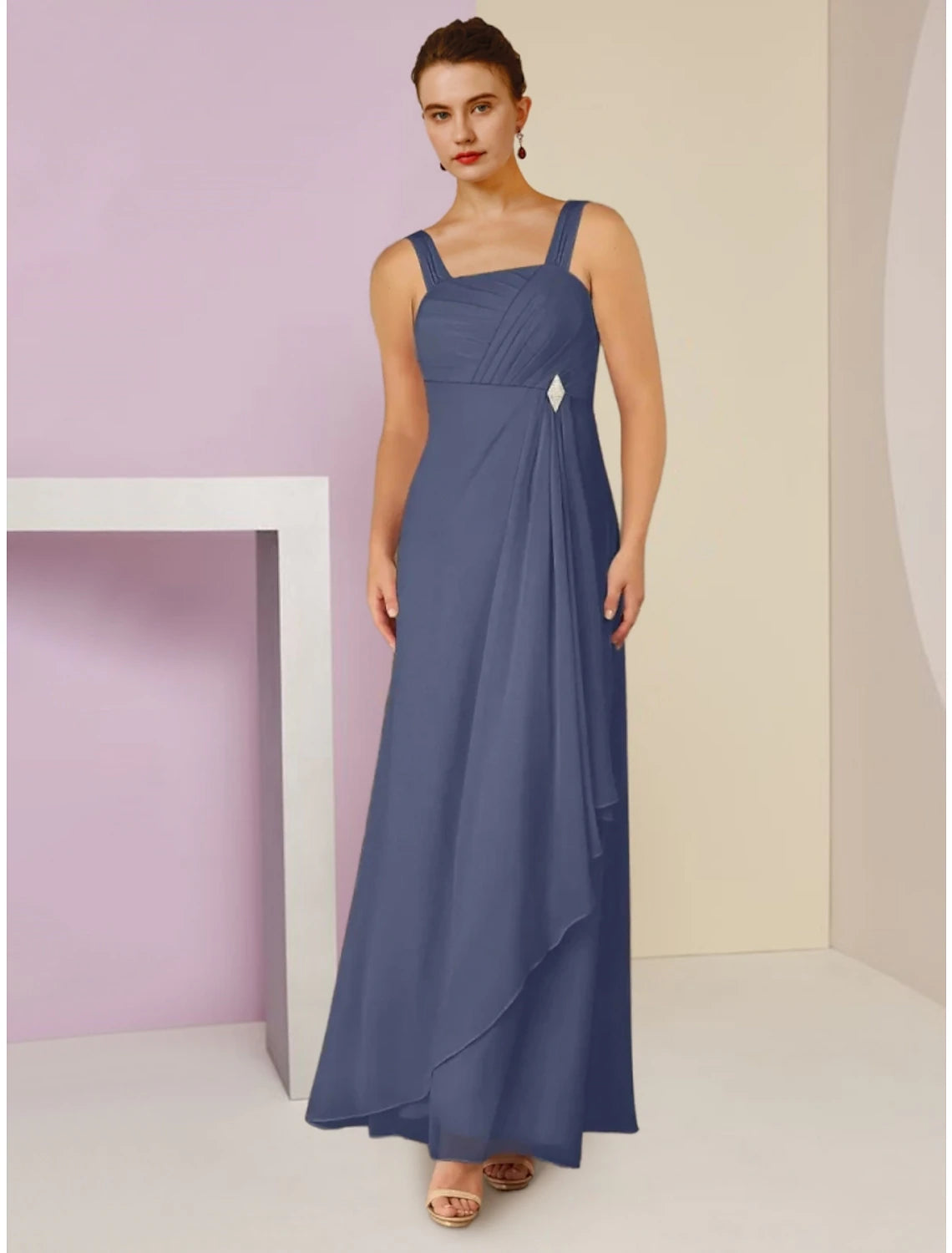 Side profile of A-Line chiffon dress, highlighting ruching and long sleeves.
