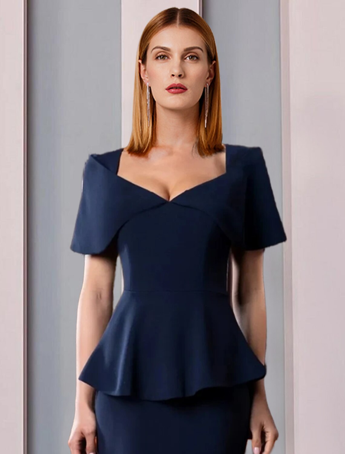 Elegant A-Line Square Neck Ruffle Short Sleeve Mother of the Bride Dress.