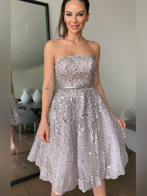 Elegant A-Line Strapless Sequin Tulle Knee-Length Homecoming Party Dress.