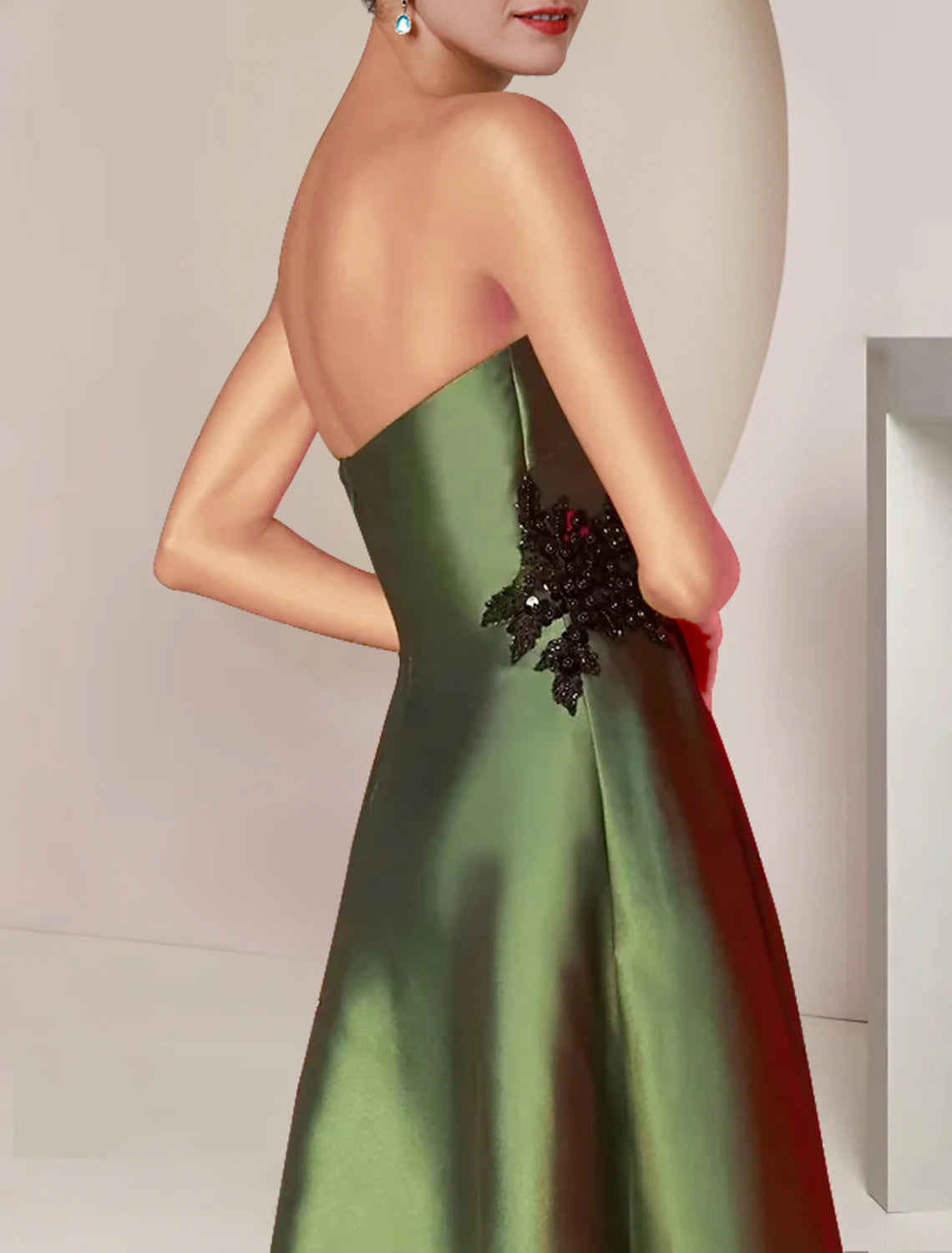 Back view of the sequined strapless mother of the bride dress.