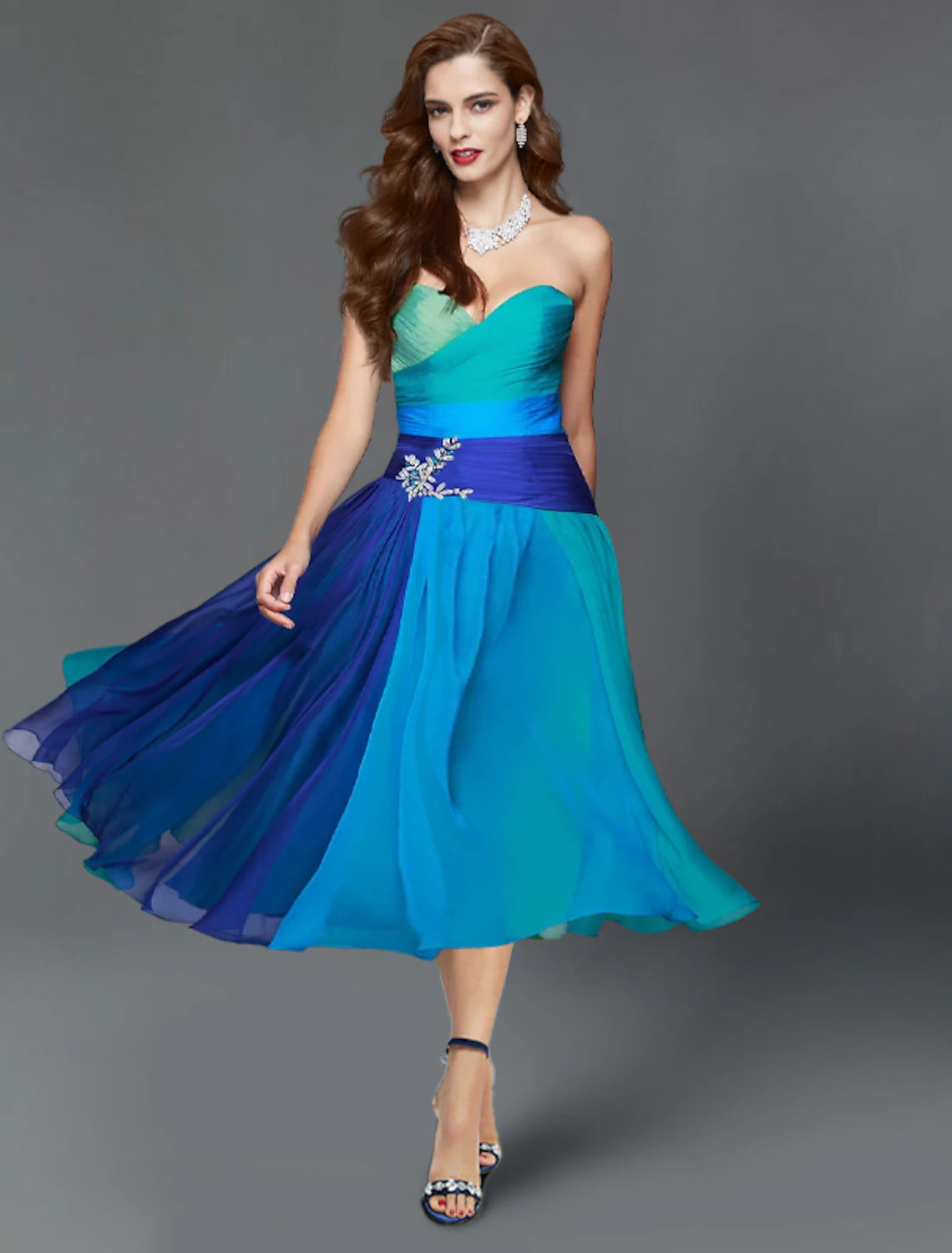 Elegant A-Line Strapless Short Sleeve Color Block Ruched Tea Length Wedding Guest Dress.