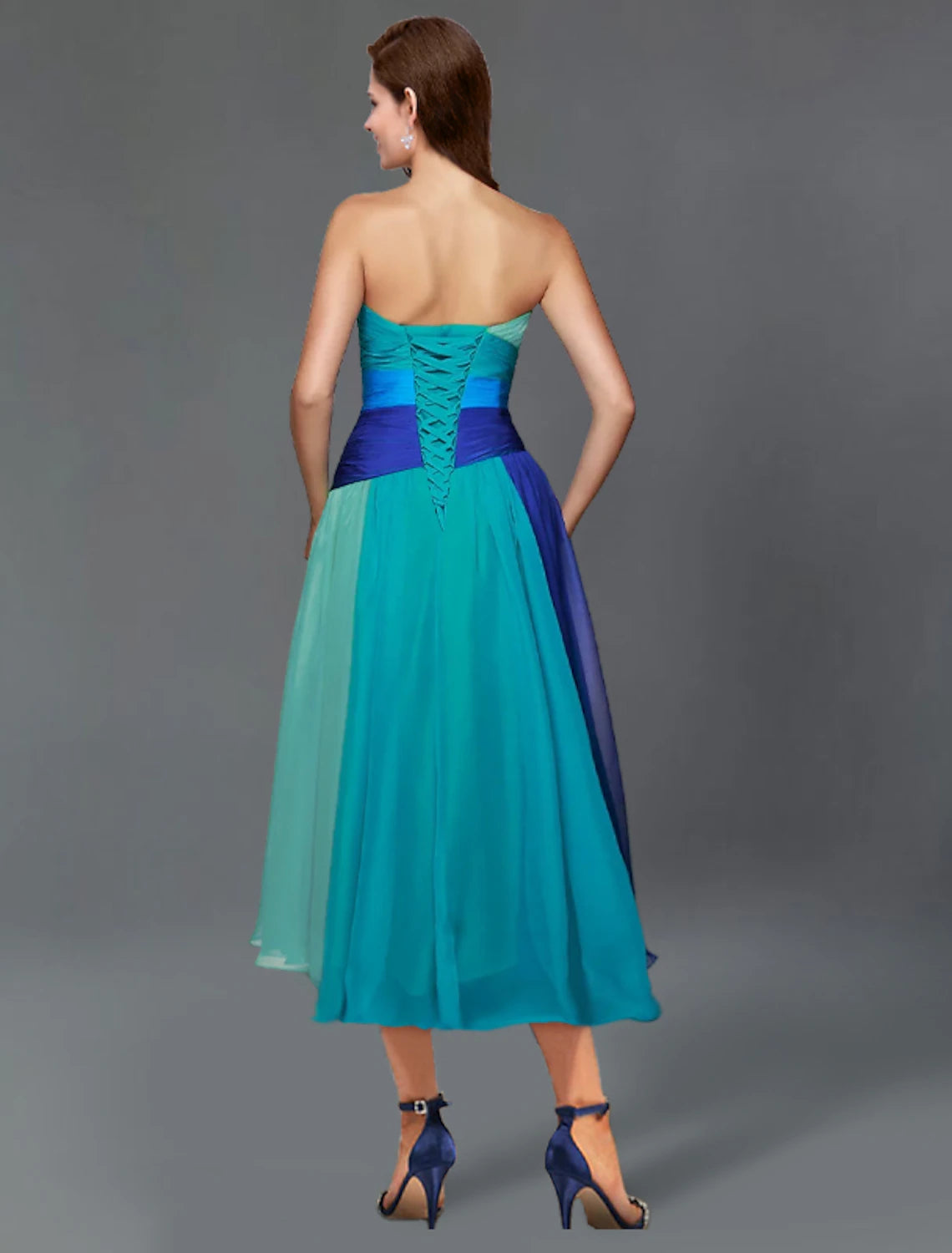 Elegant A-Line Strapless Short Sleeve Color Block Ruched Tea Length Wedding Guest Dress.