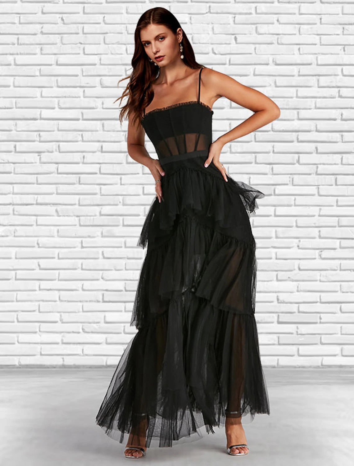 Elegant A-Line Strapless Tulle Ruffled Corset Prom Dress Ankle-Length Solid Color.