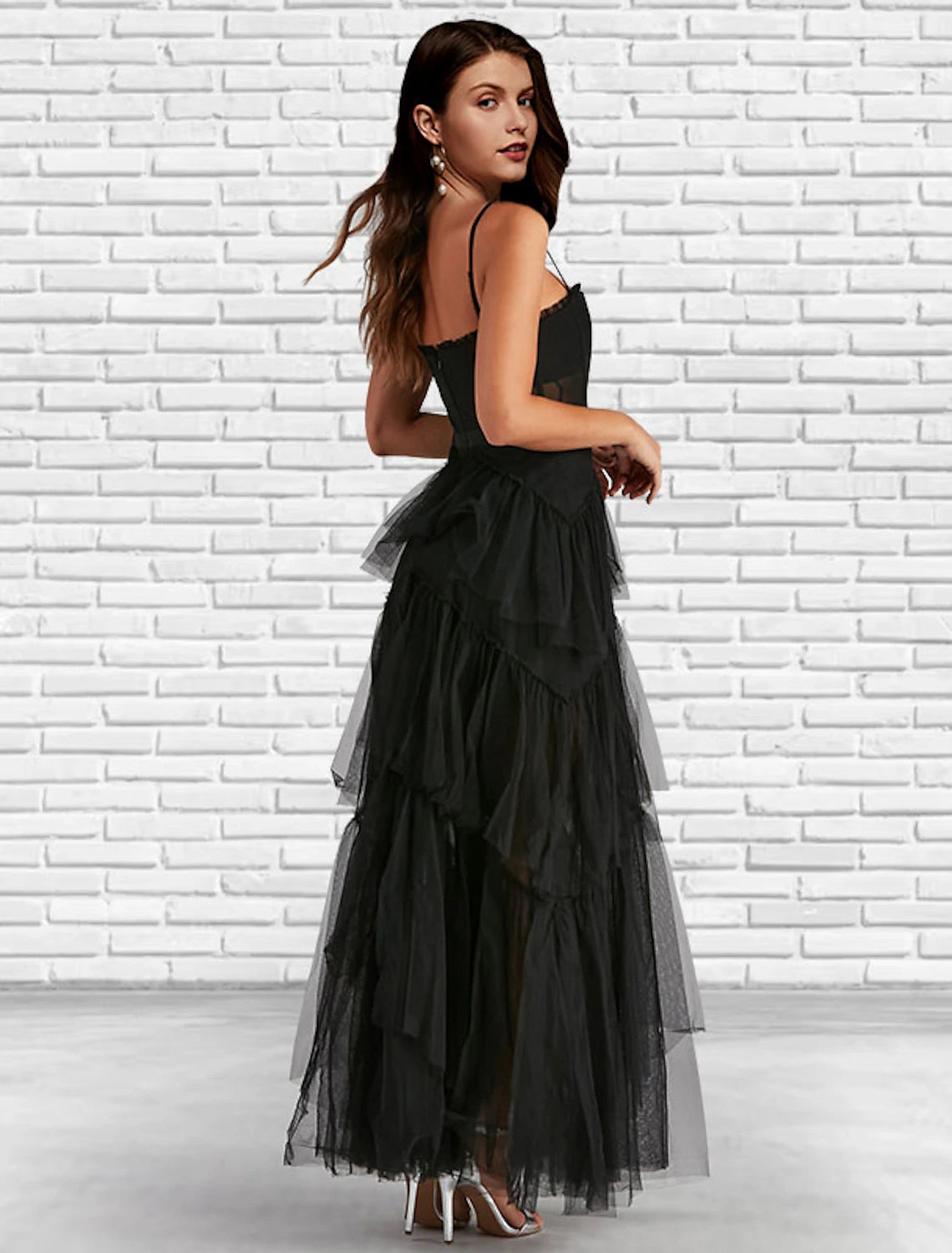 Elegant A-Line Strapless Tulle Ruffled Corset Prom Dress Ankle-Length Solid Color.