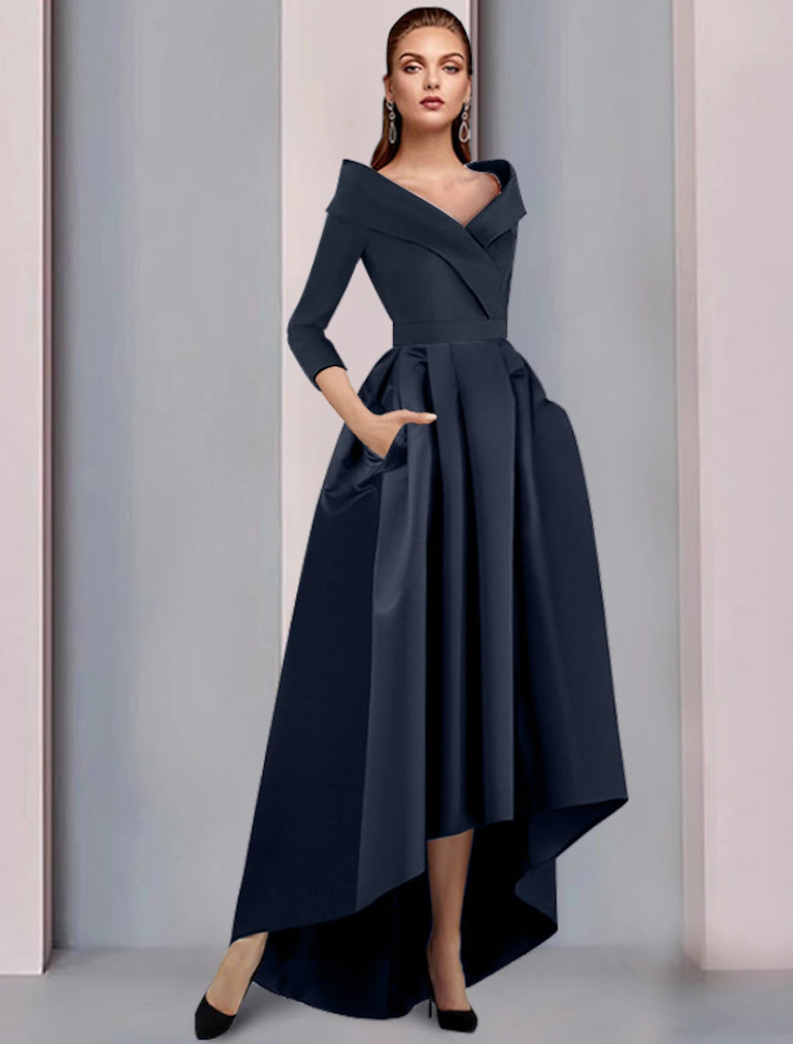 Elegant A-Line Sweet Spaghetti Strap 3/4 Sleeve High-Low Tea Length Dress, front view.