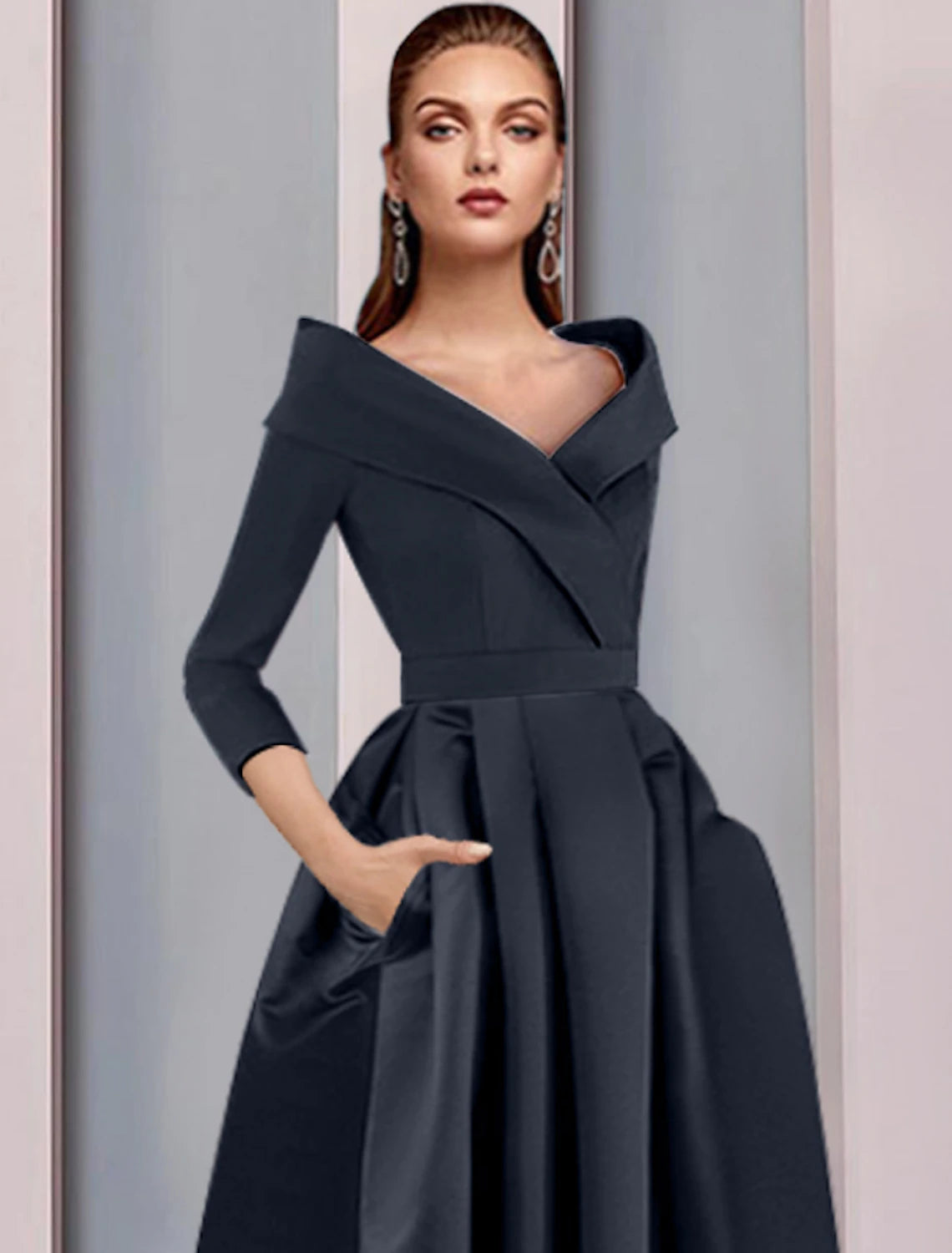 Elegant A-Line Sweet Spaghetti Strap 3/4 Sleeve High-Low Tea Length Dress, side view.