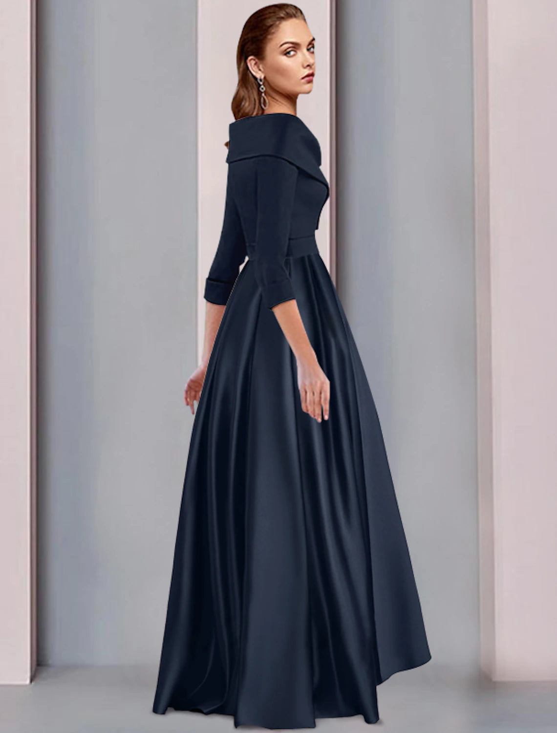 Elegant A-Line Sweet Spaghetti Strap 3/4 Sleeve High-Low Tea Length Dress, back view.