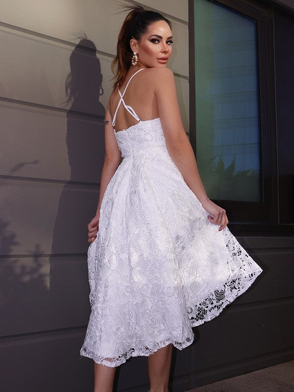 Elegant A-Line Sweetheart Lace Ruffles Asymmetrical Homecoming Dress.