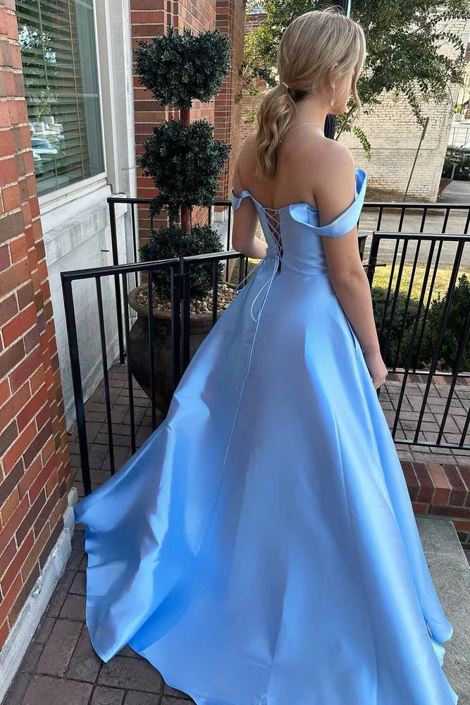 Elegant A-Line Sweetheart Off-the-Shoulder Lace Up Back Floor Length Prom Dress