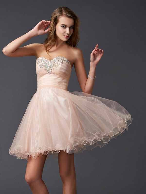 Front view of an elegant A-Line sweetheart short silk-like satin homecoming cocktail dress.