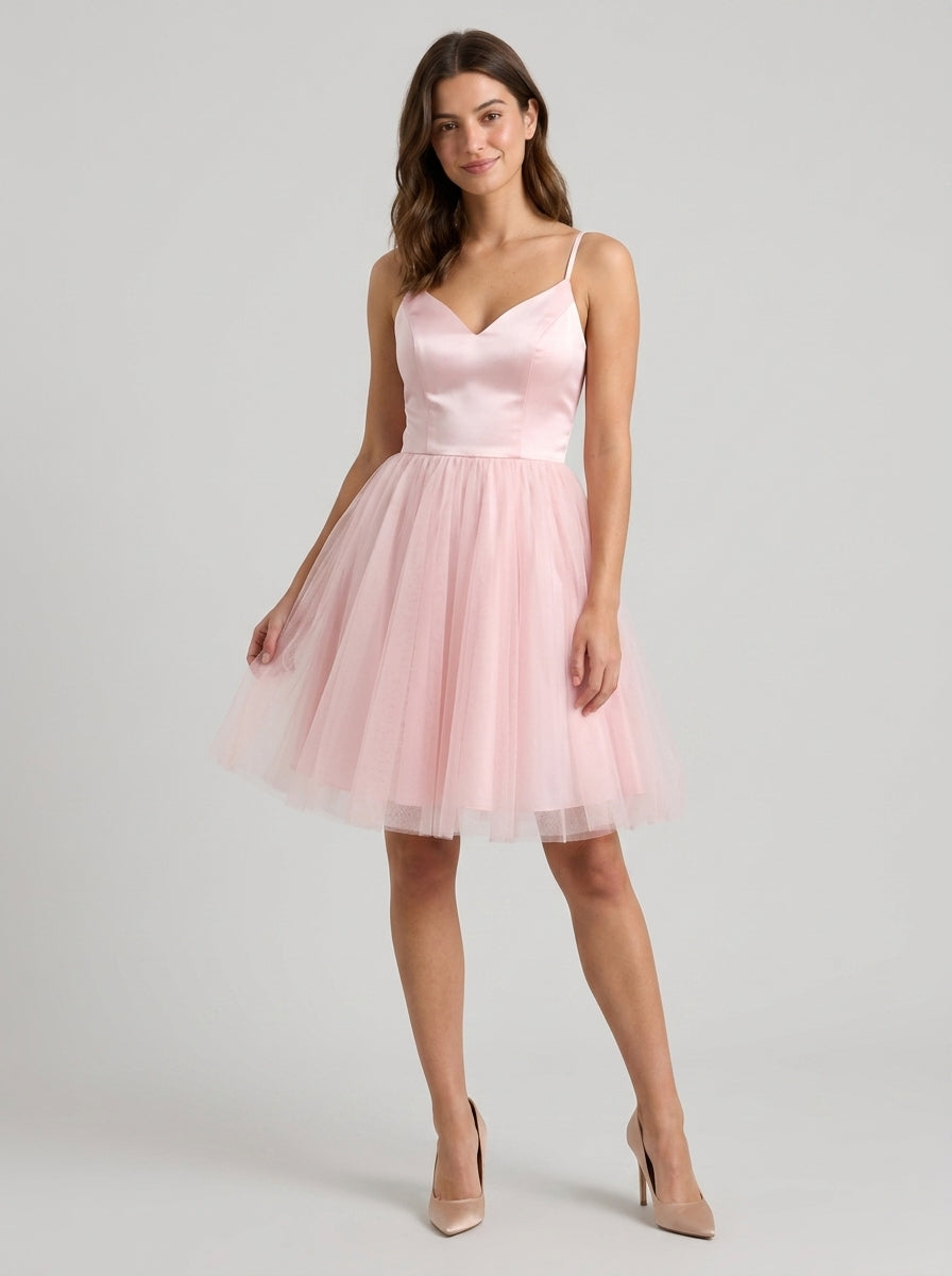 Elegant A-Line Sweetheart V-Neck Spaghetti Strap Pink Mini Homecoming Party Dress.
