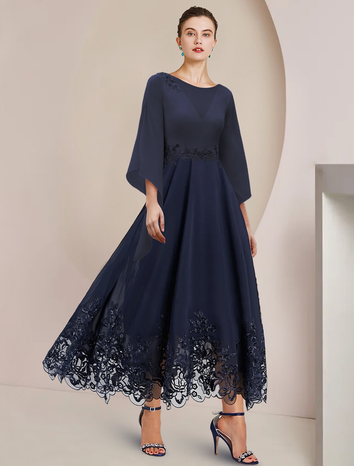 Elegant A-Line Tea Length Mother of the Bride & Guest Dress, front view.