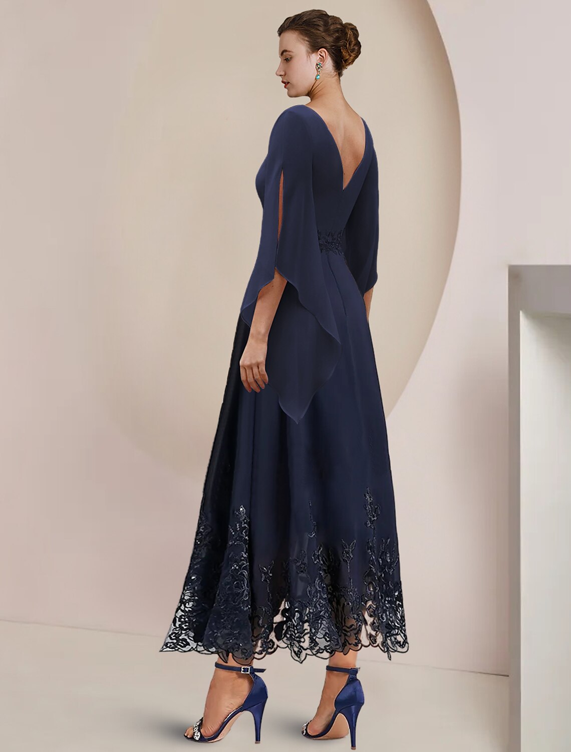 Elegant A-Line Tea Length Mother of the Bride & Guest Dress, side view.