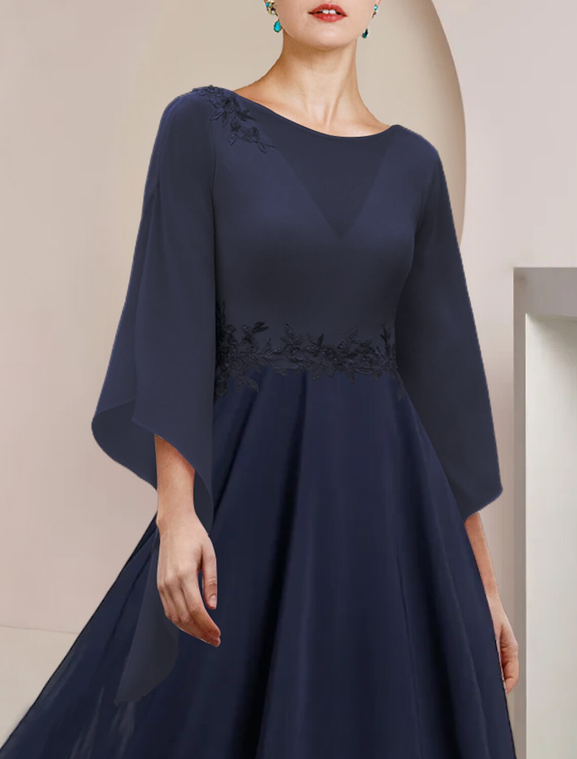 Elegant A-Line Tea Length Mother of the Bride & Guest Dress, back view.