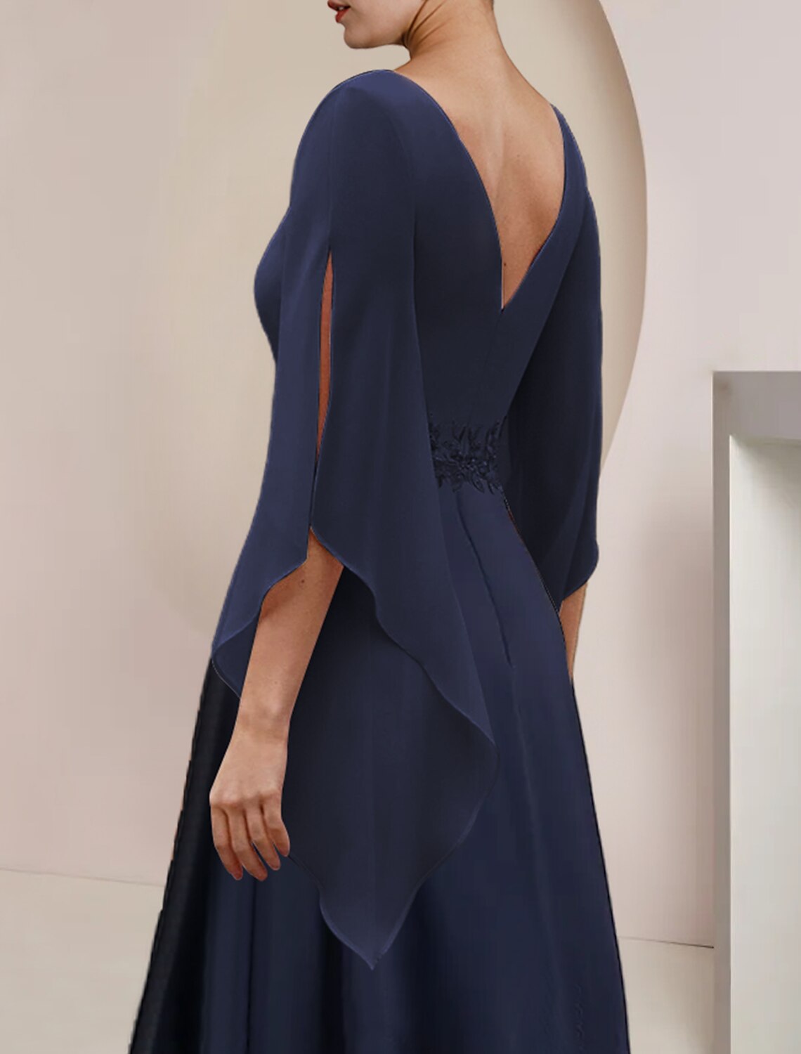 Elegant A-Line Tea Length Mother of the Bride & Guest Dress with lace appliques.