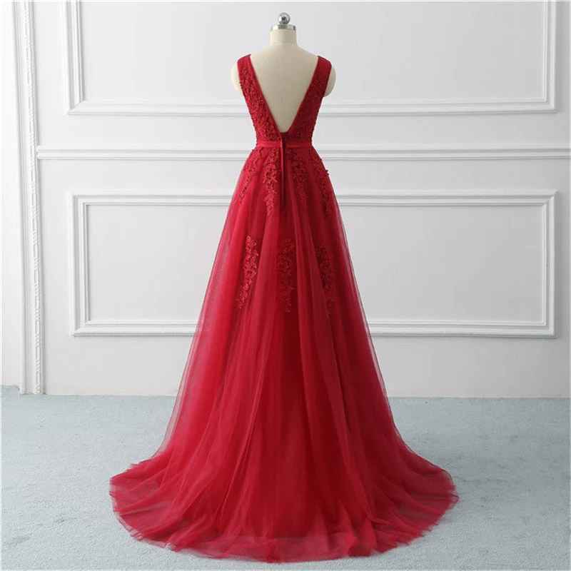 Robe de bal longue rouge élégante en tulle et dentelle, col en V, dos nu, perles