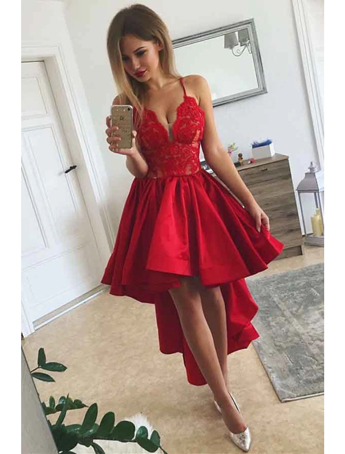 Elegant A-line V-neck satin prom dress with asymmetrical hem.