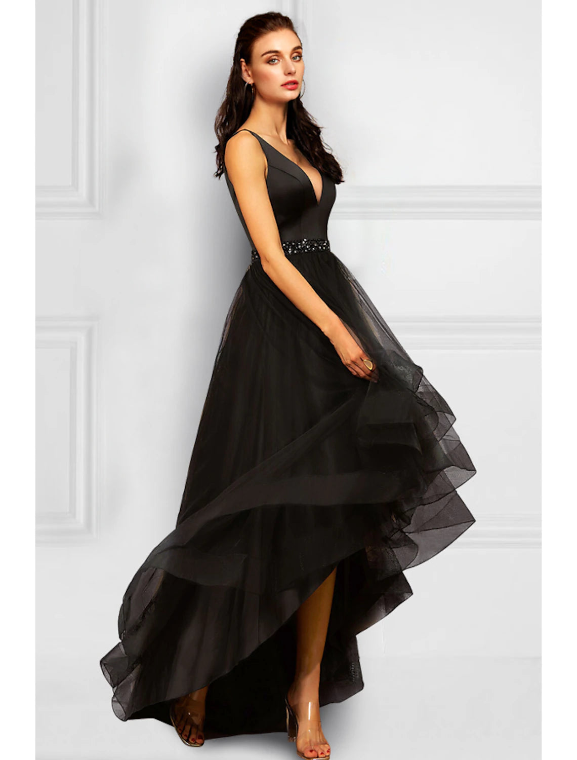 Close-up of the elegant A-line V-neck cocktail dress, highlighting asymmetrical ruffles and sparkling rhinestones.