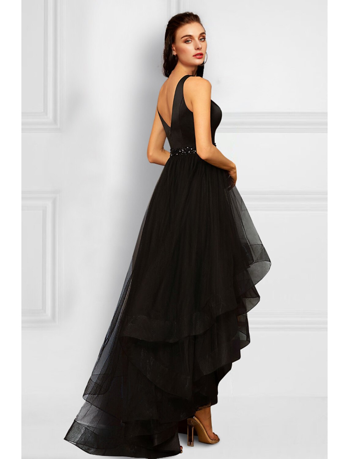 Full view of the elegant A-line V-neck cocktail dress, showcasing its organza fabric and design.