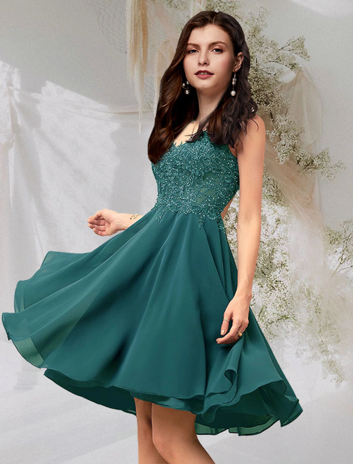 Elegant A-Line V-Neck Chiffon Cocktail Dress with Beading, front view.