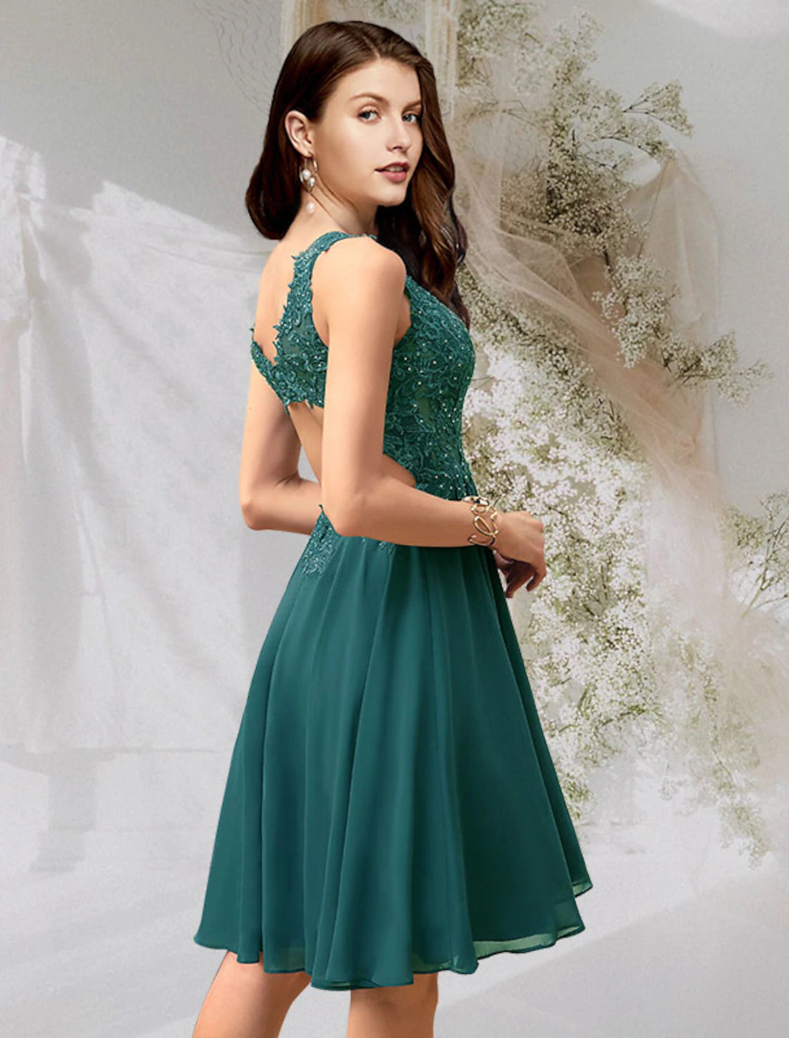 Backless A-Line Chiffon Cocktail Dress with Lace Insert, back view.