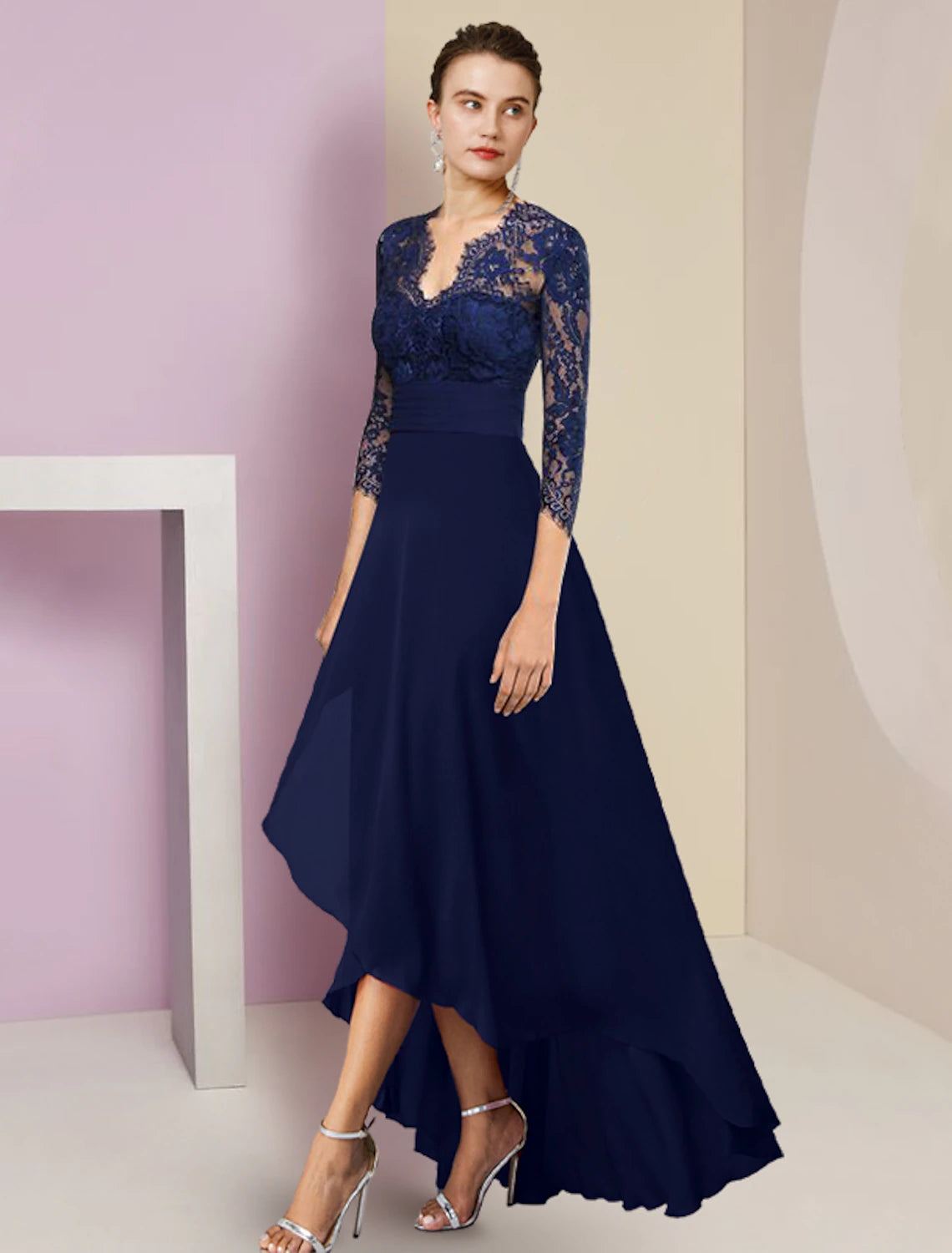 Elegant A-Line V-Neck Chiffon Lace High-Low Mother of the Bride Dress.