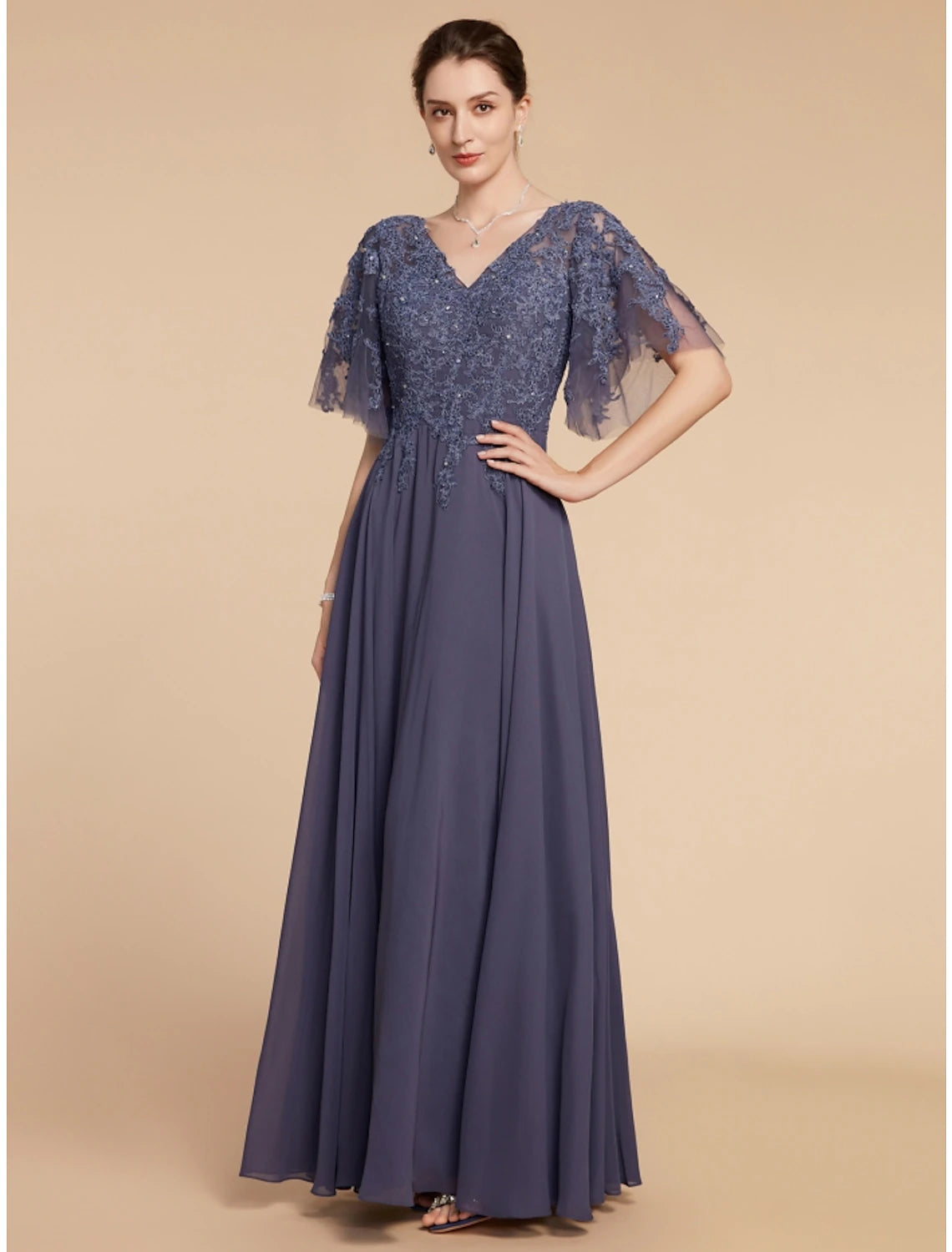 Elegant A-Line V-Neck Chiffon Lace Mother of the Bride Dress.
