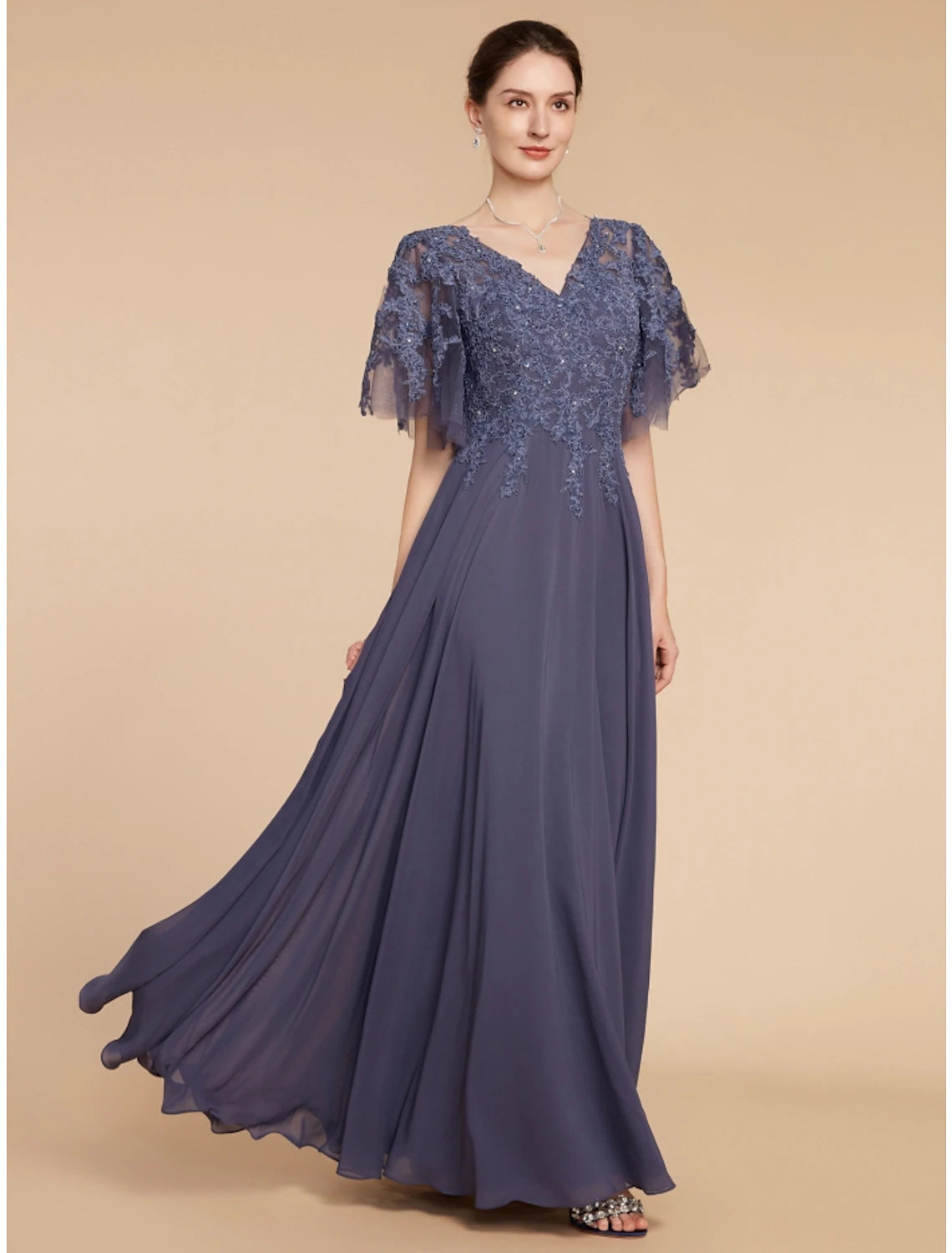 Elegant A-Line V-Neck Chiffon Lace Mother of the Bride Dress.