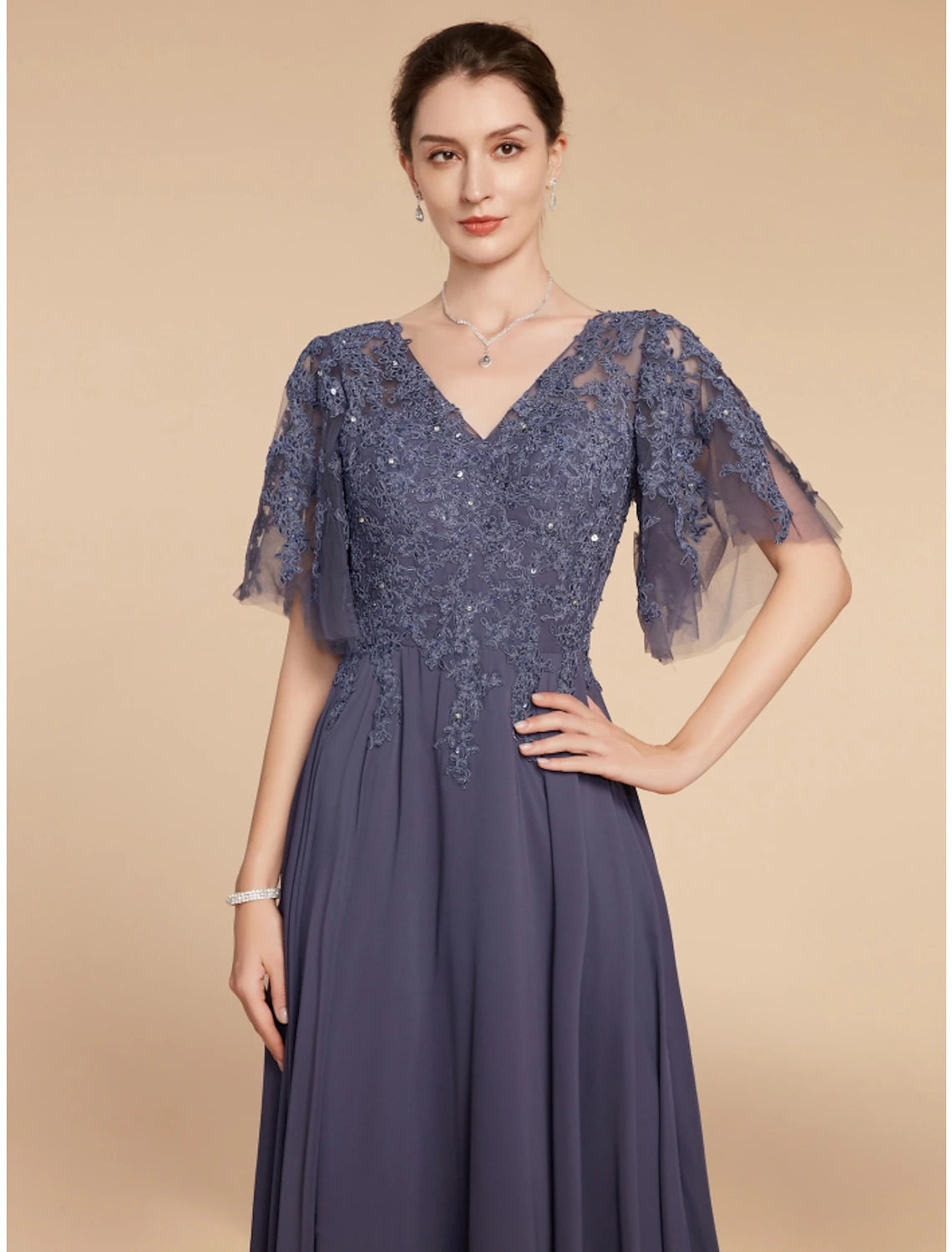 Elegant A-Line V-Neck Chiffon Lace Mother of the Bride Dress.