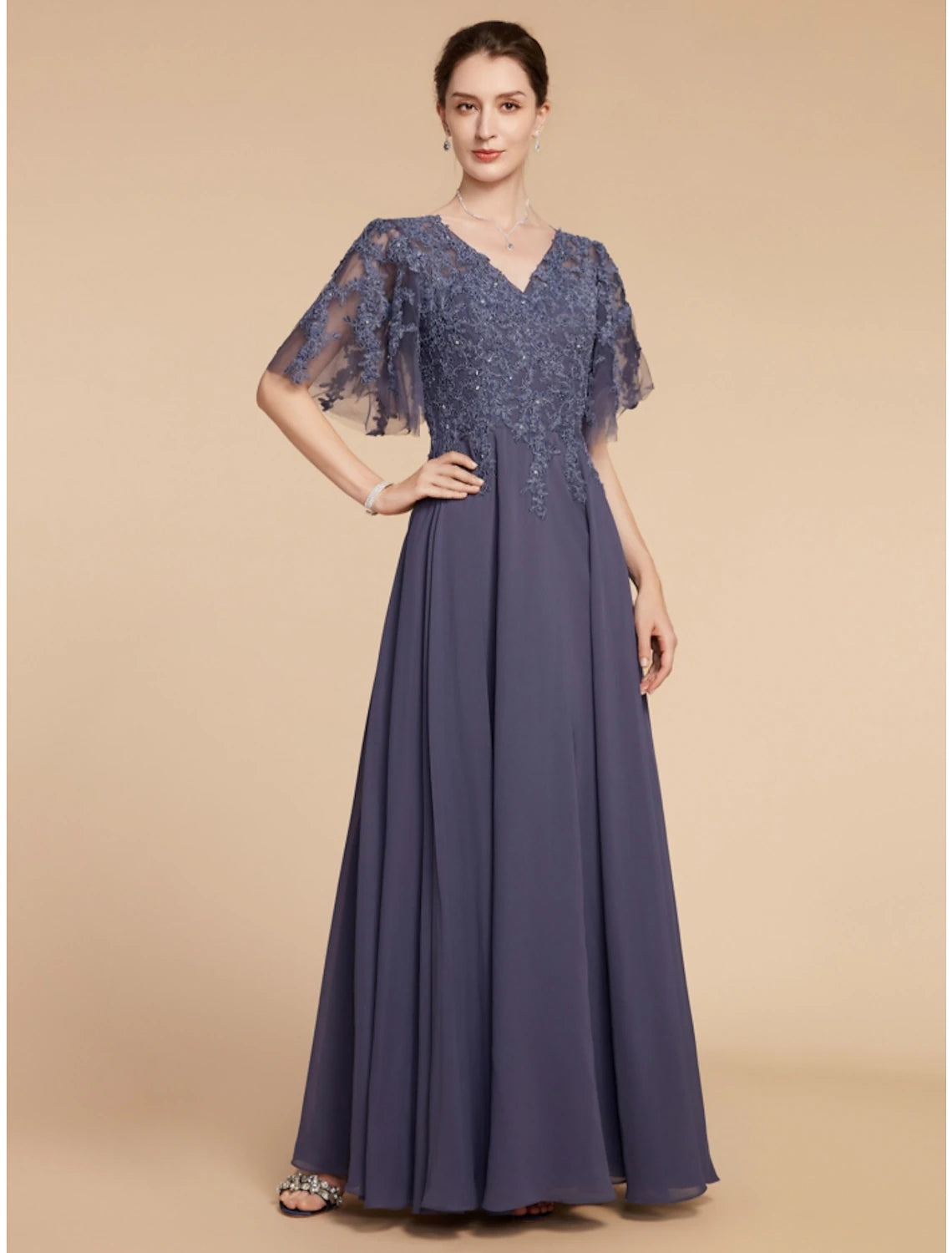 Elegant A-Line V-Neck Chiffon Lace Mother of the Bride Dress.