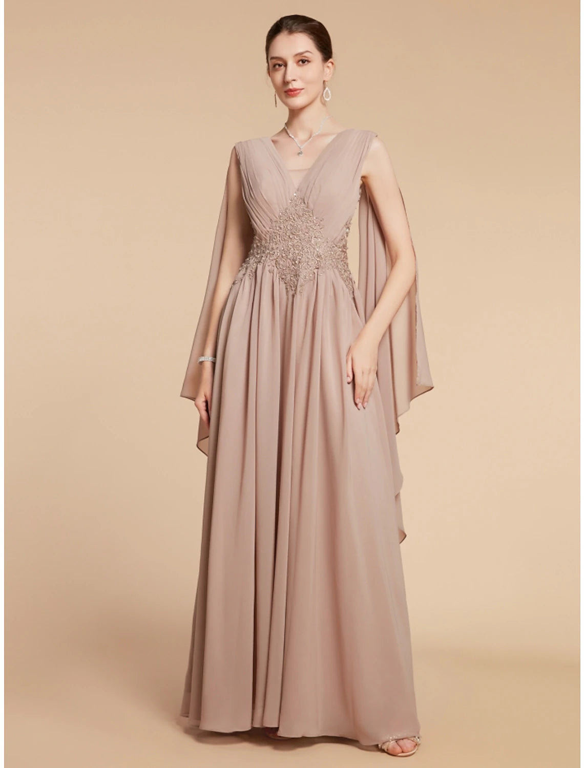 Elegant A-Line V-Neck Chiffon Lace Ruched Solid Ankle-Length Mother of the Bride Dress.
