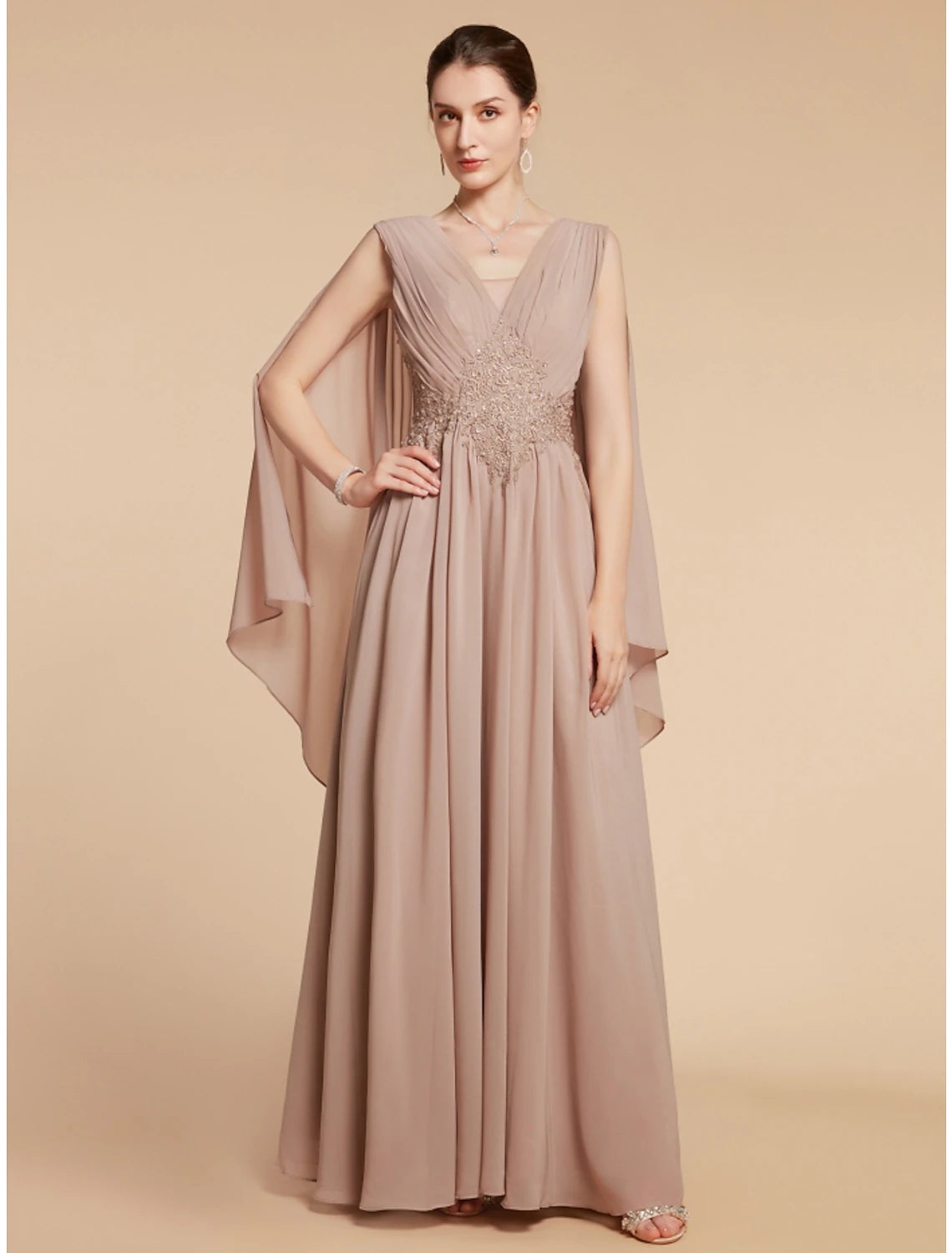 Elegant A-Line V-Neck Chiffon Lace Ruched Solid Ankle-Length Mother of the Bride Dress.