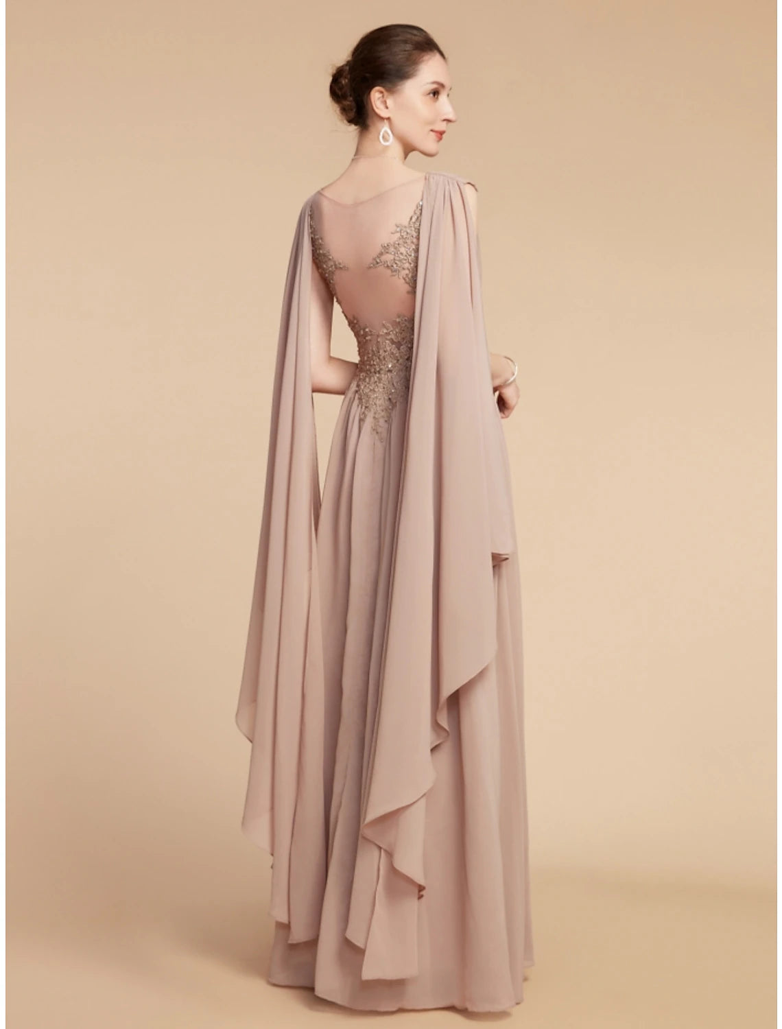 Elegant A-Line V-Neck Chiffon Lace Ruched Solid Ankle-Length Mother of the Bride Dress.