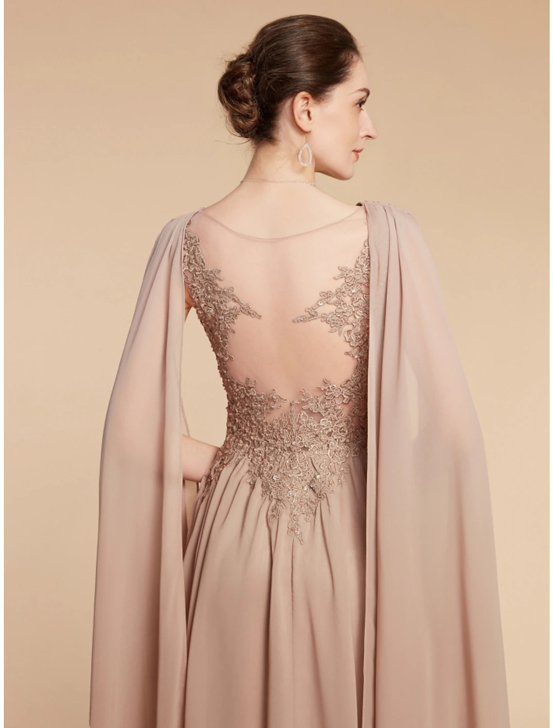 Elegant A-Line V-Neck Chiffon Lace Ruched Solid Ankle-Length Mother of the Bride Dress.