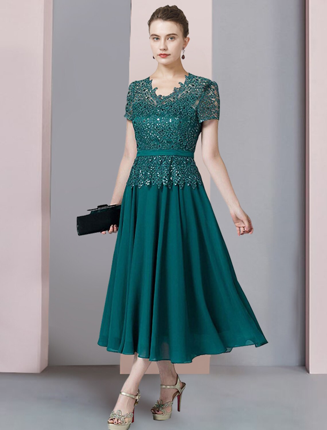 Elegant A-Line V-Neck Chiffon Lace Tea Length Mother of the Bride Dress.