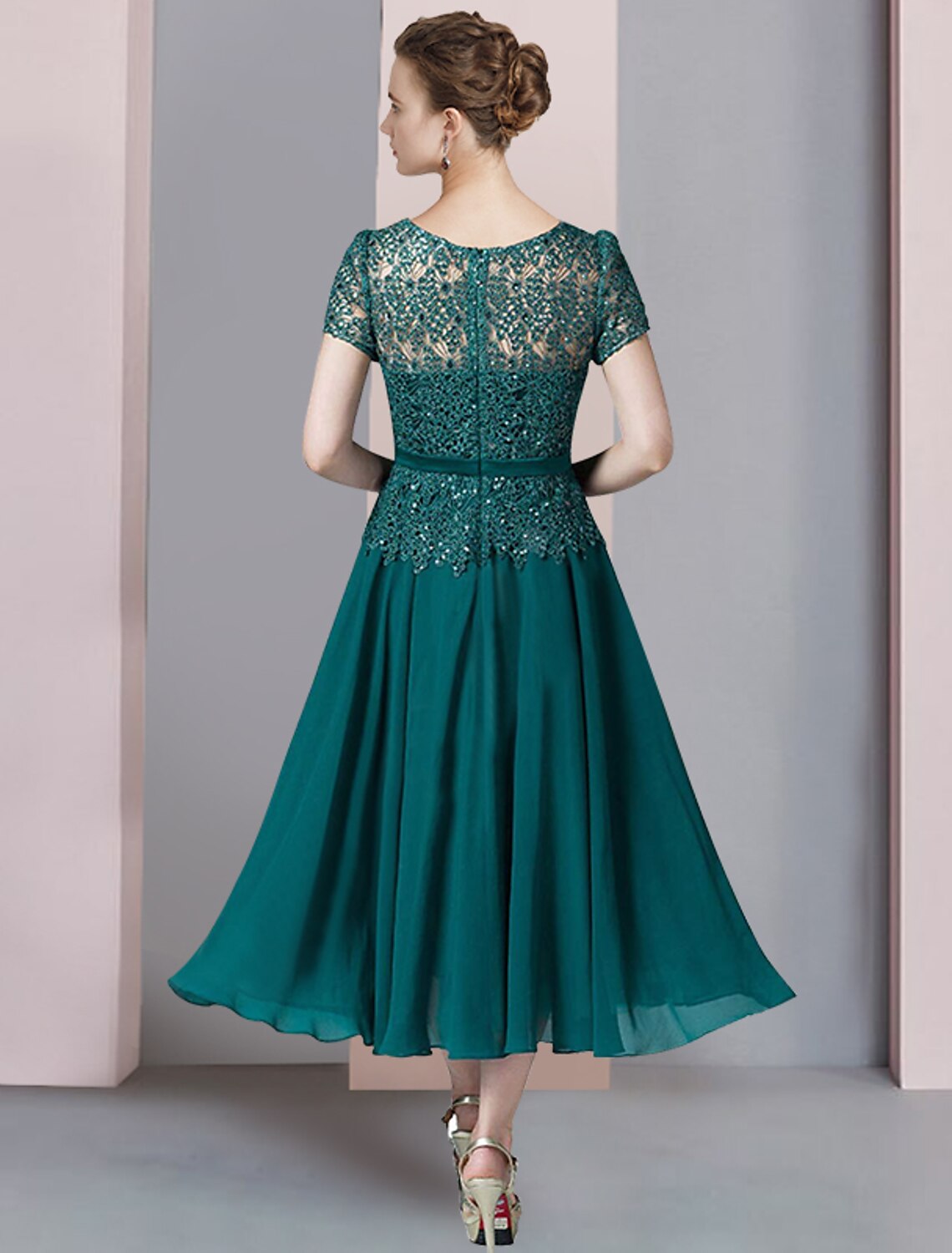 Elegant A-Line V-Neck Chiffon Lace Tea Length Mother of the Bride Dress.