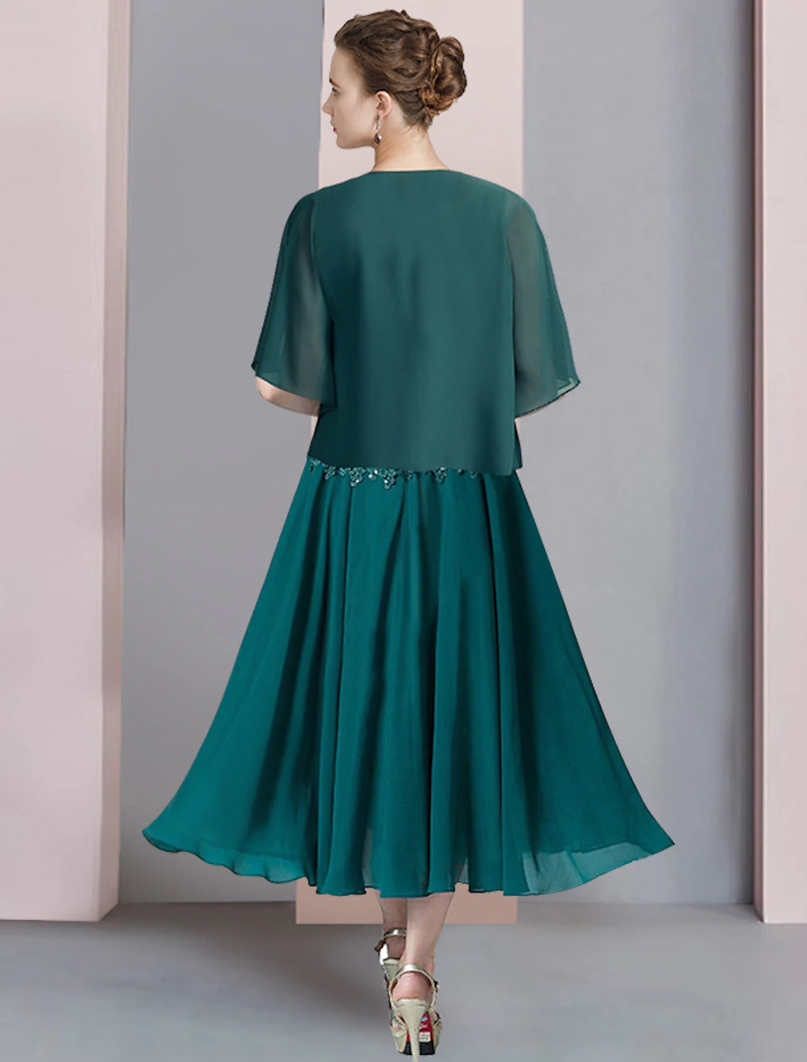 Elegant A-Line V-Neck Chiffon Lace Tea Length Mother of the Bride Dress.