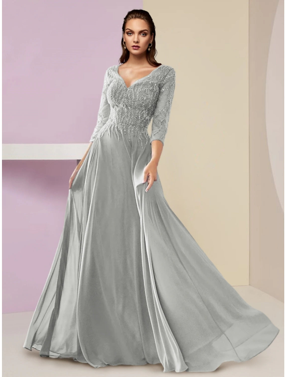 Elegant A-Line V-Neck Chiffon Mother of the Bride Gown with 3/4 Sleeves.